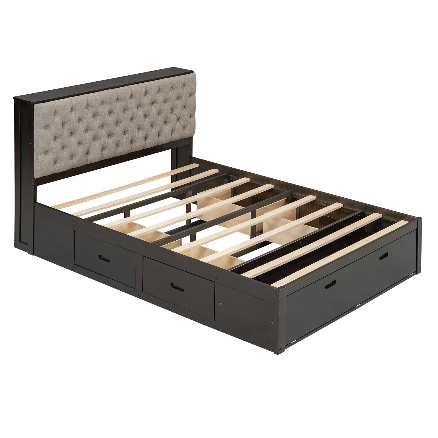 Mirightone™ Wood Queen Size Platform Bed with Storage Headboard, shoe rack and 4 drawers