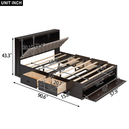 Mirightone™ Wood Queen Size Platform Bed with Storage Headboard, shoe rack and 4 drawers