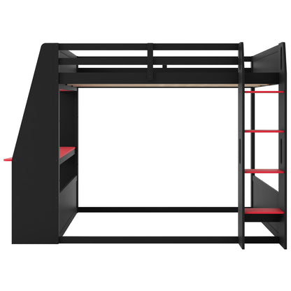 Mirightone™ Wood Bunk Bed with Gaming Desk and Storage Shelf, Gaming Bunk Bed with LED Light & Charging for Gamer Adults
