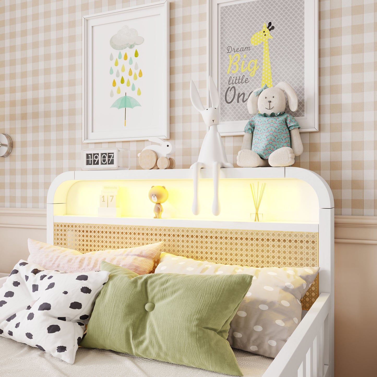 Mirightone™ Rattan Bed Frame with LED Lights and Storage Headboard, Platform Bed with Safety Guardrails for Kids, Natural Kids Bed Frame with Rattan Headboard and Footboard, No Box Spring Needed