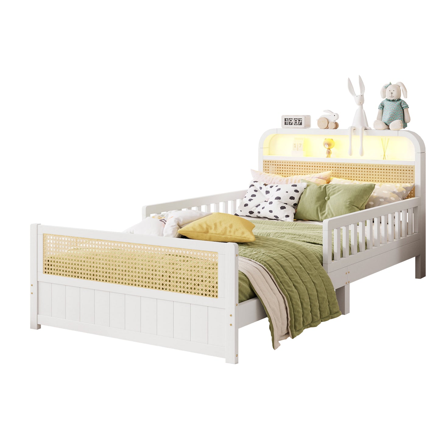 Mirightone™ Rattan Bed Frame with LED Lights and Storage Headboard, Platform Bed with Safety Guardrails for Kids, Natural Kids Bed Frame with Rattan Headboard and Footboard, No Box Spring Needed