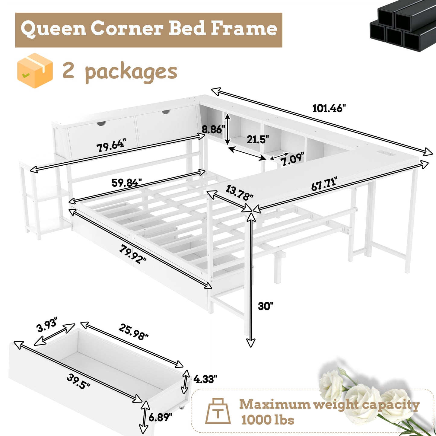 Mirightone™ Daybed with Desk and Storage, Corner Bed Frame with LED Light & Charging Station for Adults Teens Kids, White