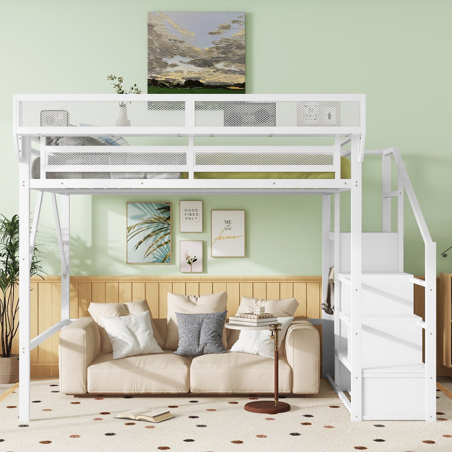 Mirightone™  Twin Size Loft Bed with Stairs and Storage, Metal Loft Bed Frame , Black