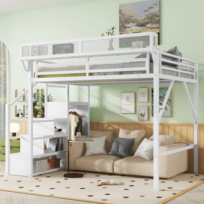 Mirightone™  Twin Size Loft Bed with Stairs and Storage, Metal Loft Bed Frame , Black
