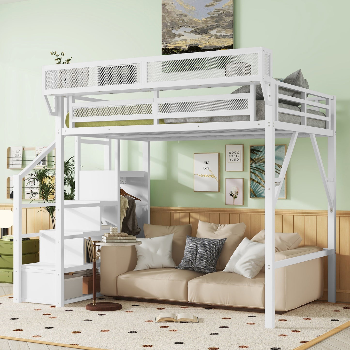 Mirightone™  Twin Size Loft Bed with Stairs and Storage, Metal Loft Bed Frame , Black