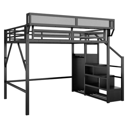 Queen Size Loft Bed with Stairs, Metal Queen Loft Bed with Storage Shelves, High Loft Bed with Wardrobe for Kids Teens Adults, Black