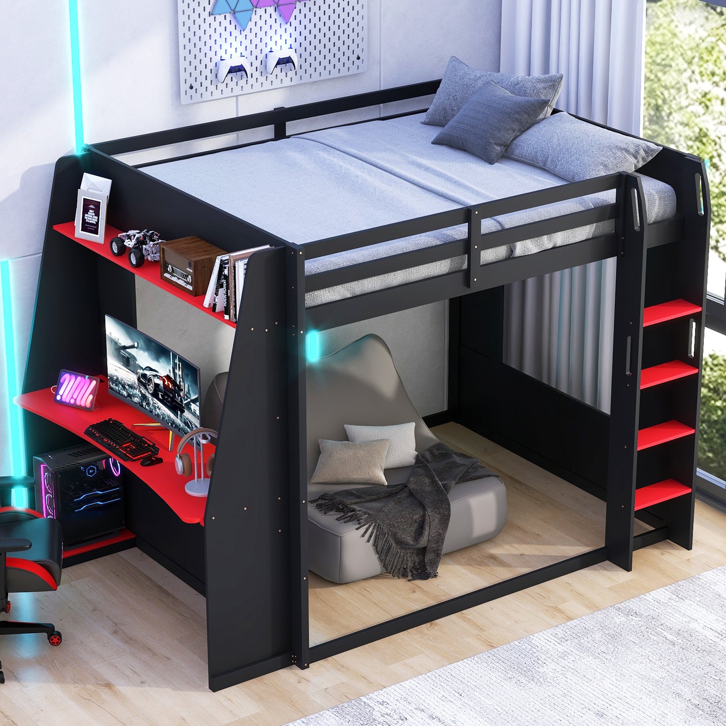 Mirightone™ Wood Bunk Bed with Gaming Desk and Storage Shelf, Gaming Bunk Bed with LED Light & Charging for Gamer Adults