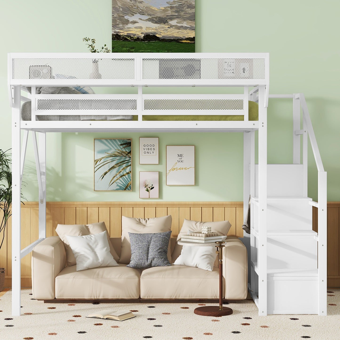Mirightone™  Twin Size Loft Bed with Stairs and Storage, Metal Loft Bed Frame , Black