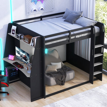 Mirightone™ Wood Bunk Bed with Gaming Desk and Storage Shelf, Gaming Bunk Bed with LED Light & Charging for Gamer Adults