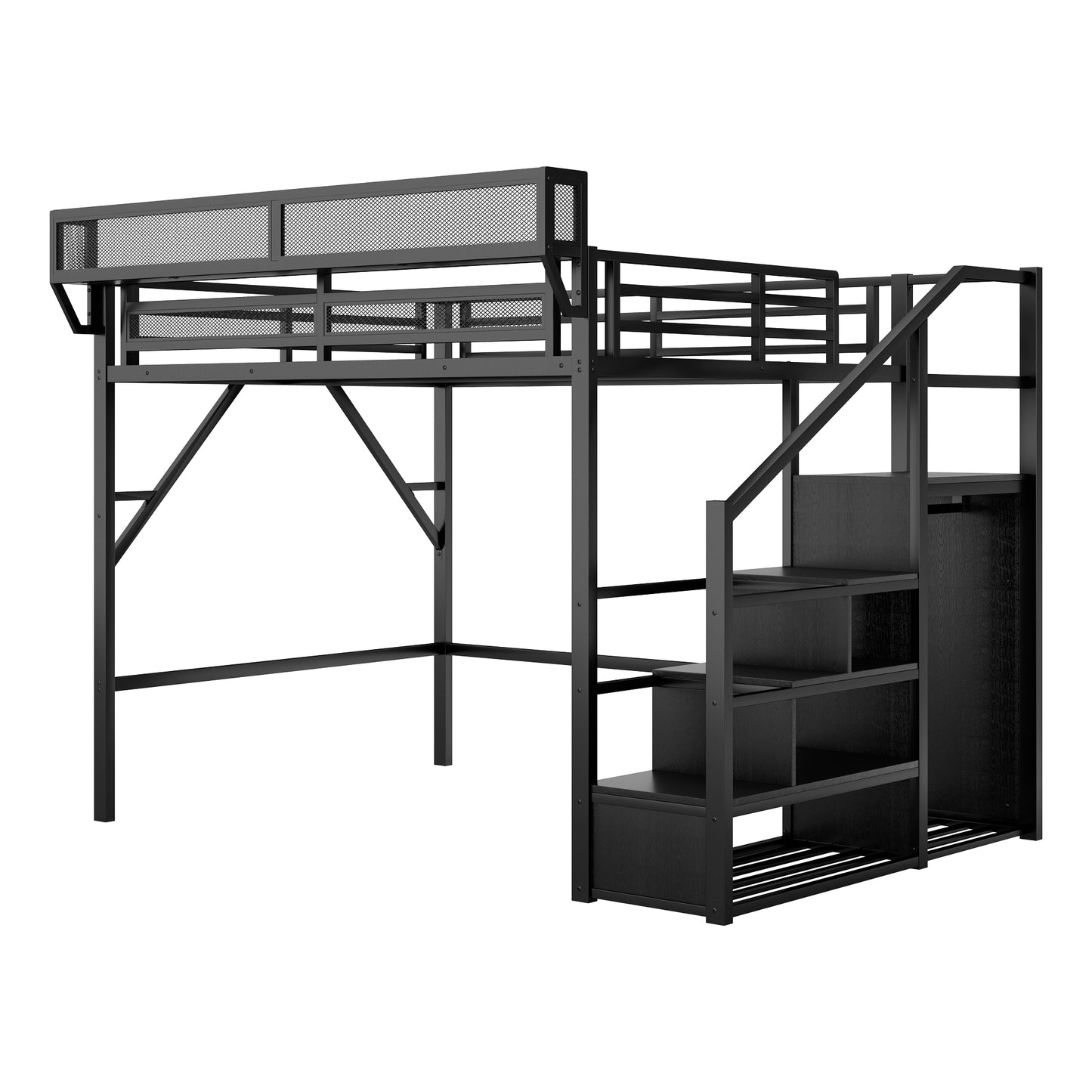 Queen Size Loft Bed with Stairs, Metal Queen Loft Bed with Storage Shelves, High Loft Bed with Wardrobe for Kids Teens Adults, Black