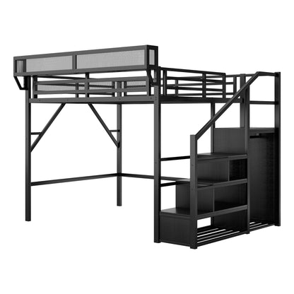 Queen Size Loft Bed with Stairs, Metal Queen Loft Bed with Storage Shelves, High Loft Bed with Wardrobe for Kids Teens Adults, Black