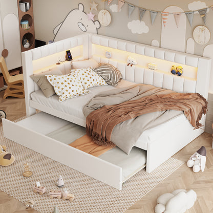 Mirightone™ Upholstered Daybed with Desk and Storage, Corner Bed with LED Light & Charging Station for Adults Teens Kids