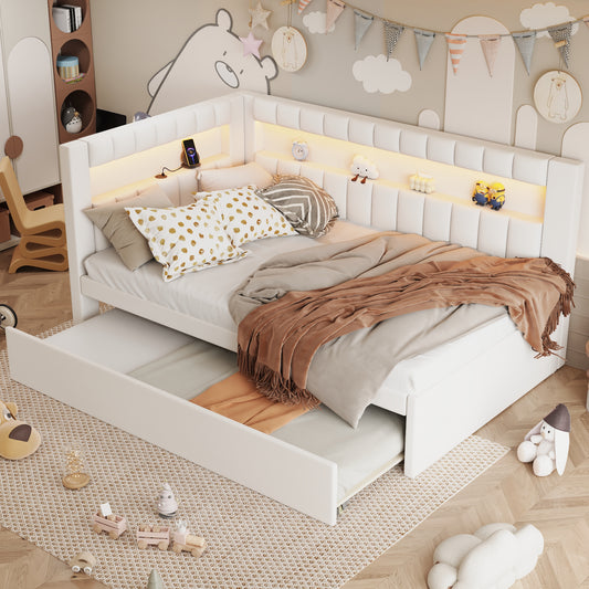 Mirightone™ Upholstered Daybed with Desk and Storage, Corner Bed with LED Light & Charging Station for Adults Teens Kids