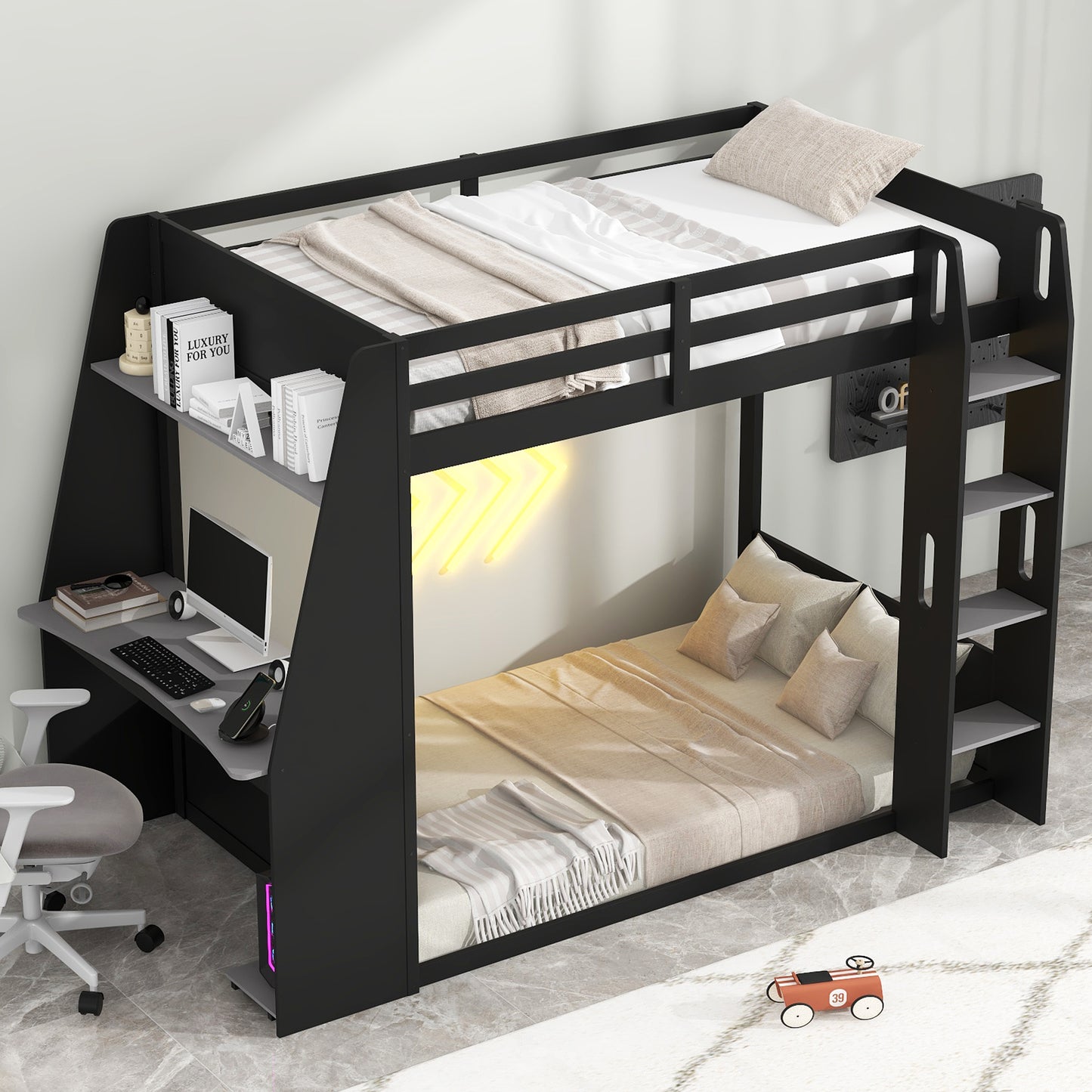 Mirightone™ Wood Bunk Bed with Gaming Desk and Storage Shelf, Gaming Bunk Bed with LED Light & Charging for Gamer Adults