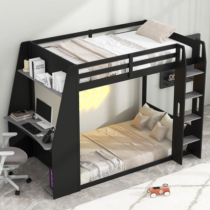 Mirightone™ Wood Bunk Bed with Gaming Desk and Storage Shelf, Gaming Bunk Bed with LED Light & Charging for Gamer Adults