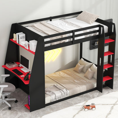 Mirightone™ Wood Bunk Bed with Gaming Desk and Storage Shelf, Gaming Bunk Bed with LED Light & Charging for Gamer Adults