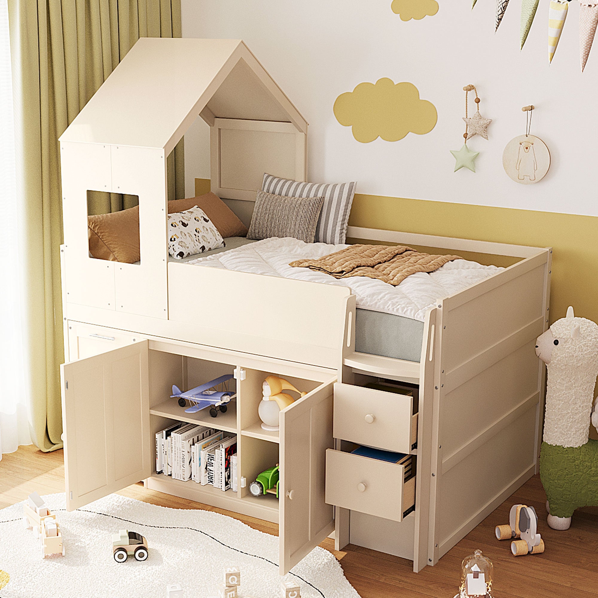 Mirightone™ Twin Size Low Loft Bed with Desk and Storage Cabinets White