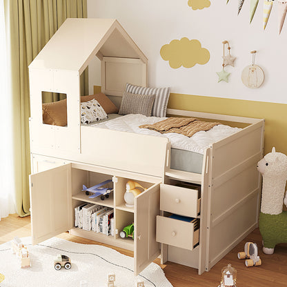 Mirightone™ Twin Size Low Loft Bed with Desk and Storage Cabinets White