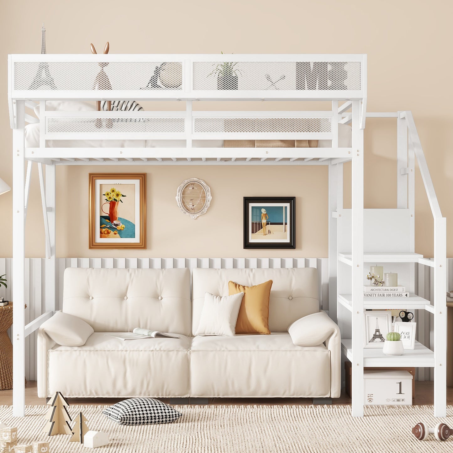 Mirightone™  Twin Size Loft Bed with Stairs and Storage, Metal Loft Bed Frame , Black