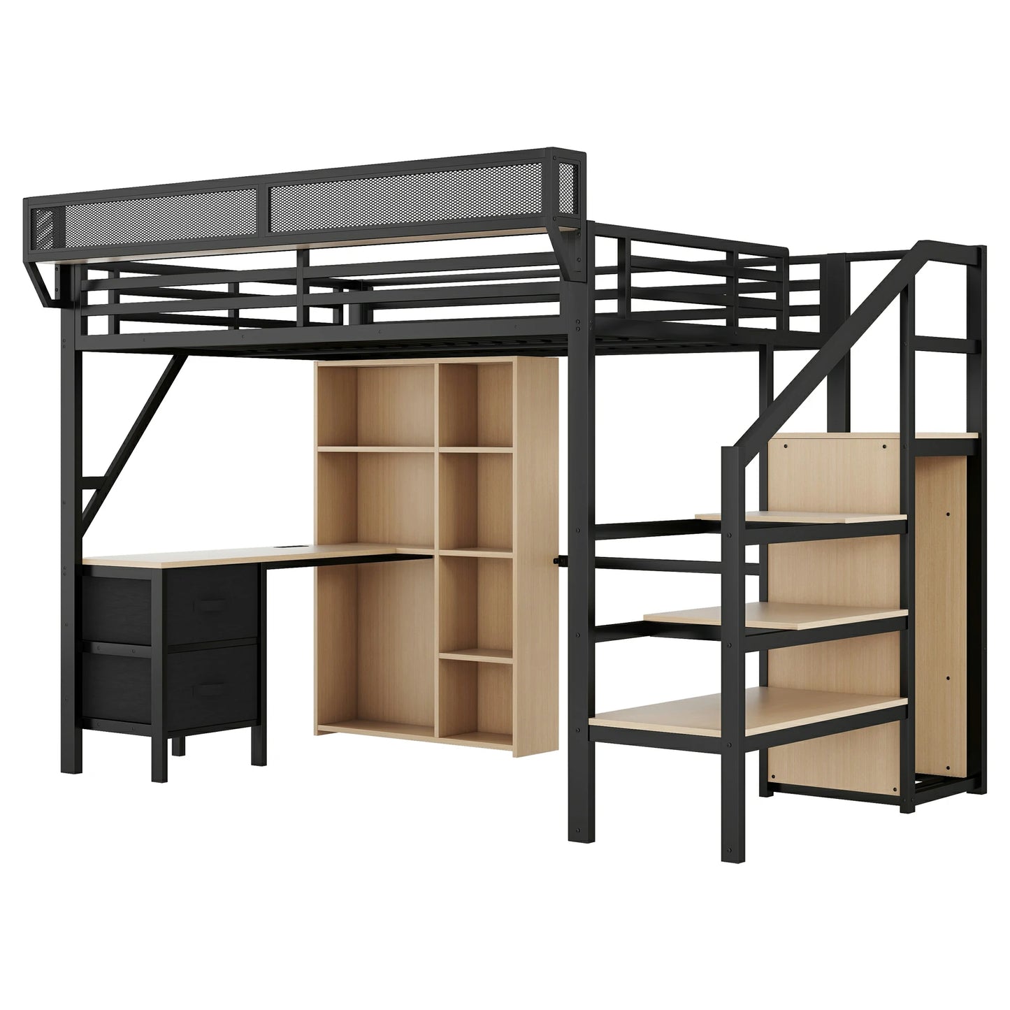 Mirightone™ Full Size Loft Bed with Desk and Charging Station ,7 Open Storage Spaces and LED Lighting ,Designed for Children and Teens,Black