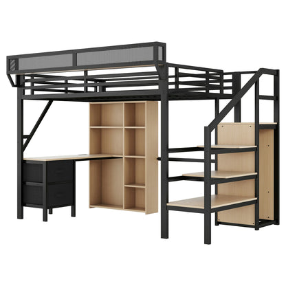 Mirightone™ Full Size Loft Bed with Desk and Charging Station ,7 Open Storage Spaces and LED Lighting ,Designed for Children and Teens,Black