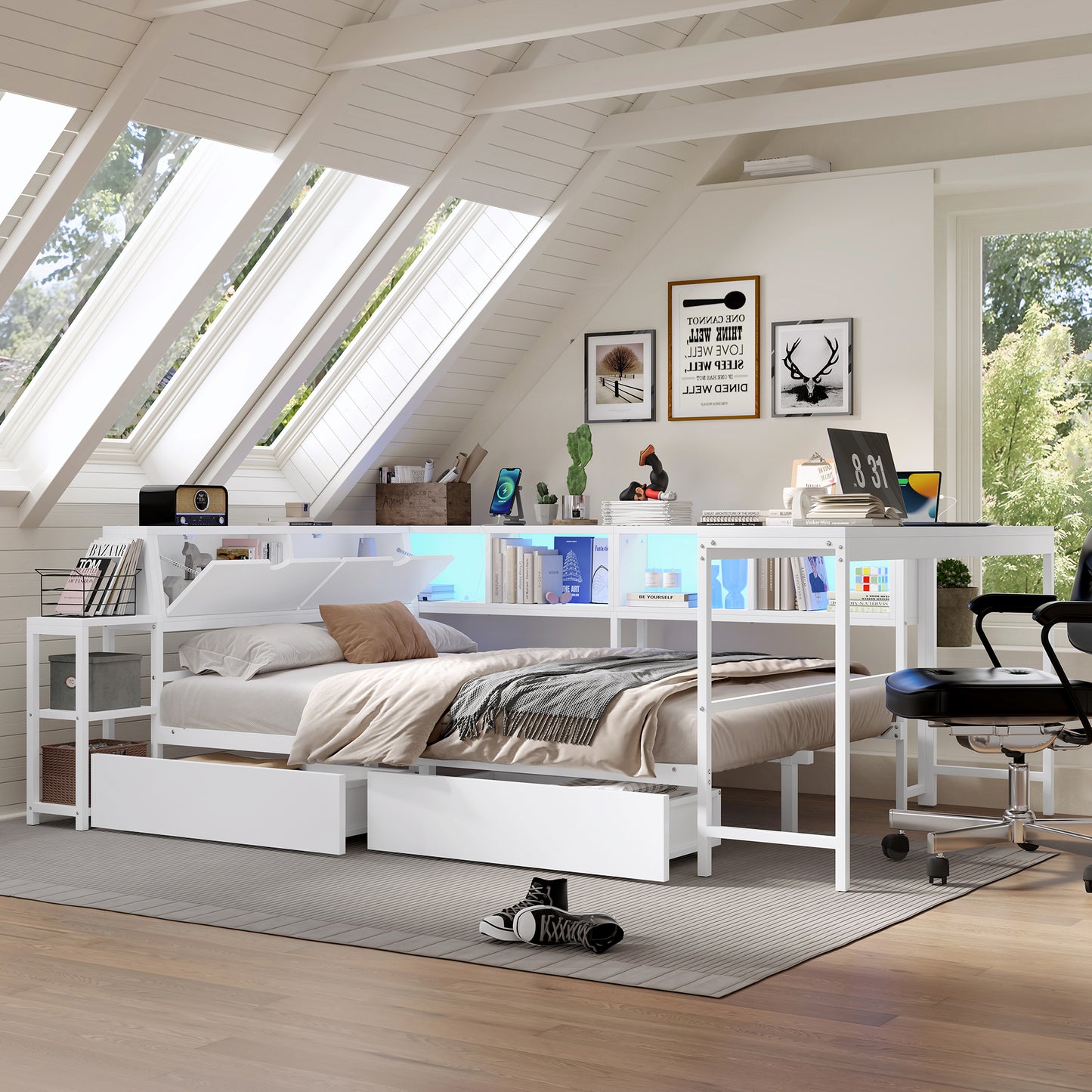 Mirightone™ Daybed with Desk and Storage, Corner Bed Frame with LED Light & Charging Station for Adults Teens Kids, White
