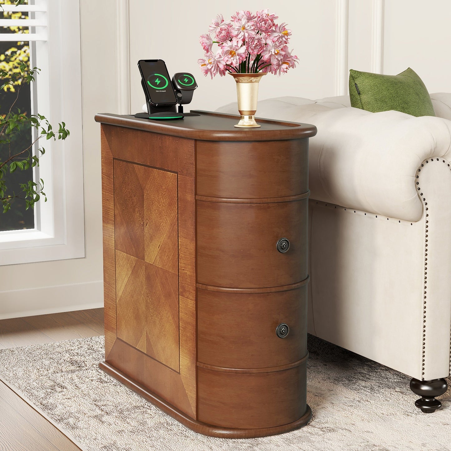 Narrow End Table with Charging Station, Brown