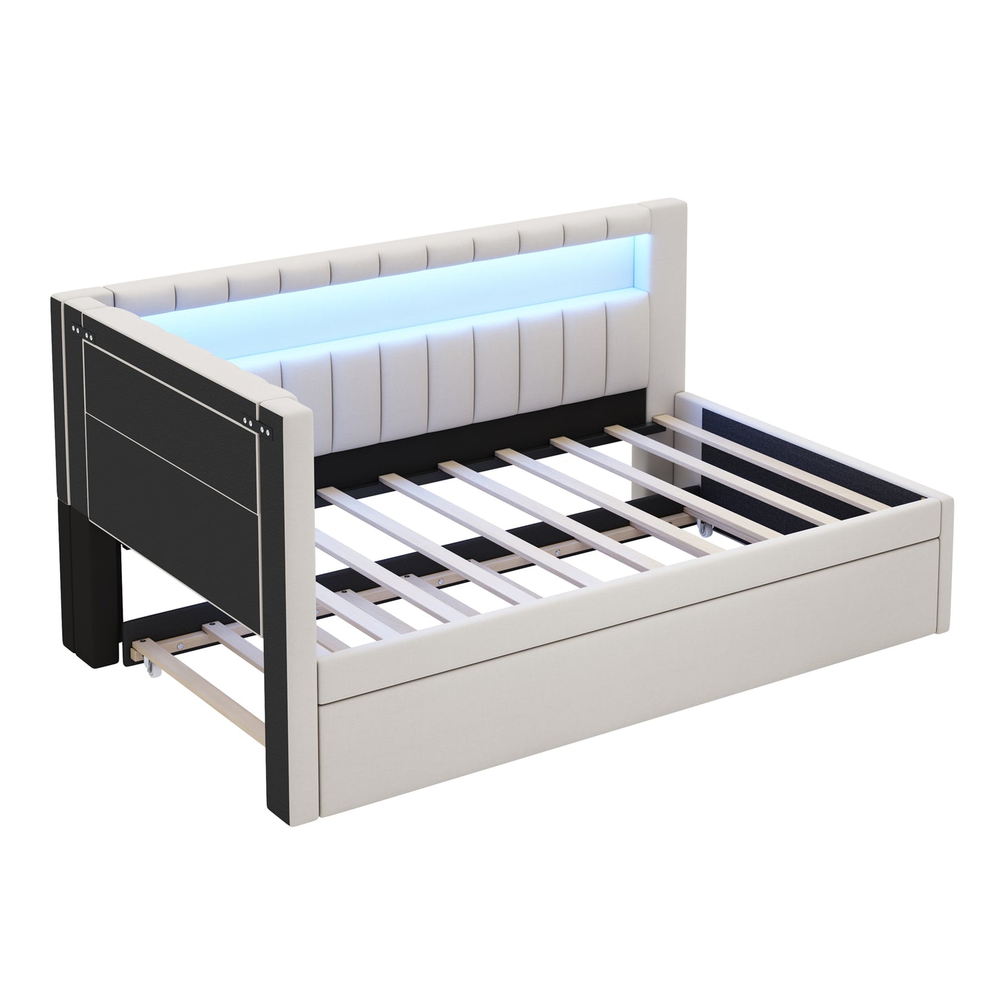 Mirightone™ Upholstered Daybed with Desk and Storage, Corner Bed with LED Light & Charging Station for Adults Teens Kids