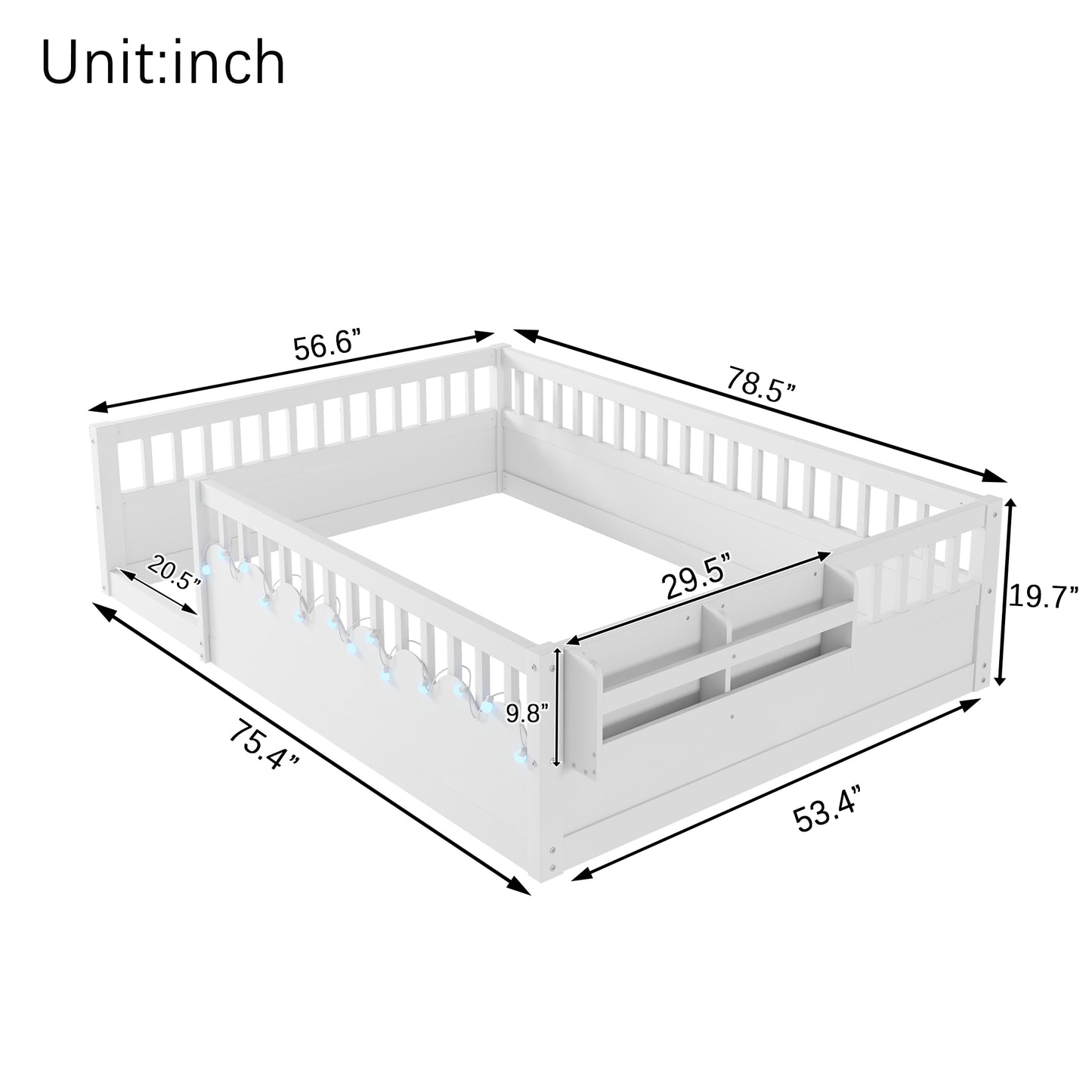 Mirightone™  Montessori Floor Bed Frame with High Rails, Wood Kids Floor Beds with Light and Storage Shelf