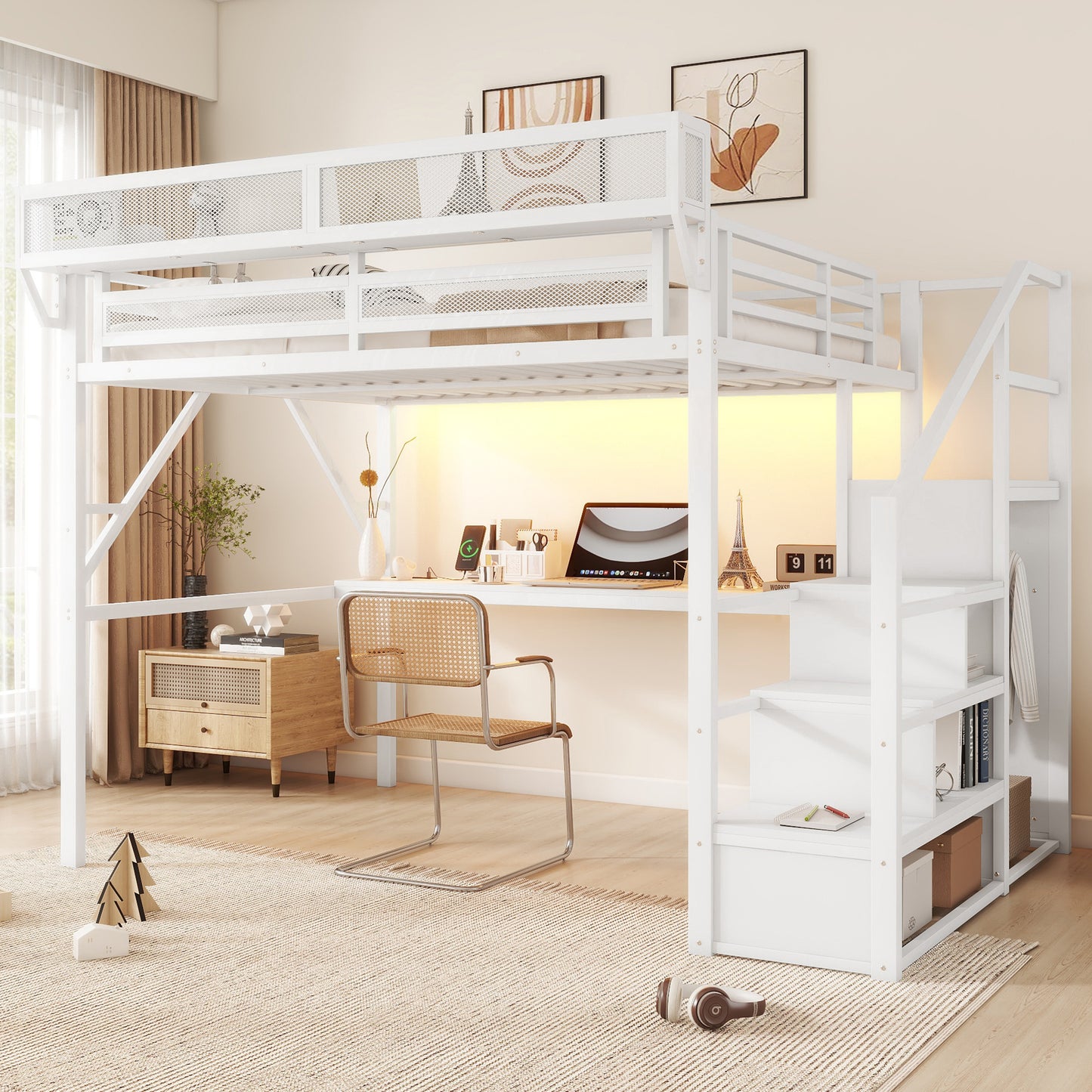 Mirightone™  Loft Bed with Desk and Charging Station, Metal Loft Bed with Stairs and Light for Kids Teens
