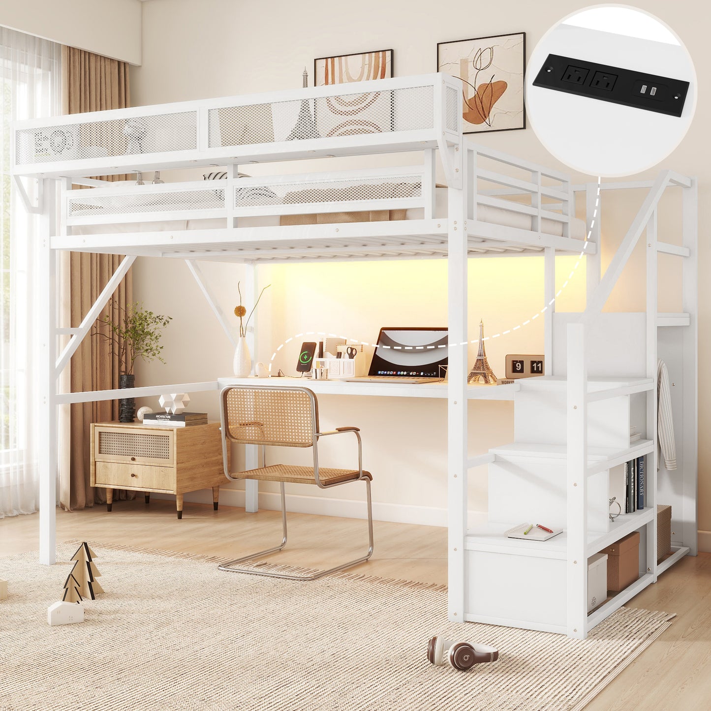 Mirightone™  Loft Bed with Desk and Charging Station, Metal Loft Bed with Stairs and Light for Kids Teens