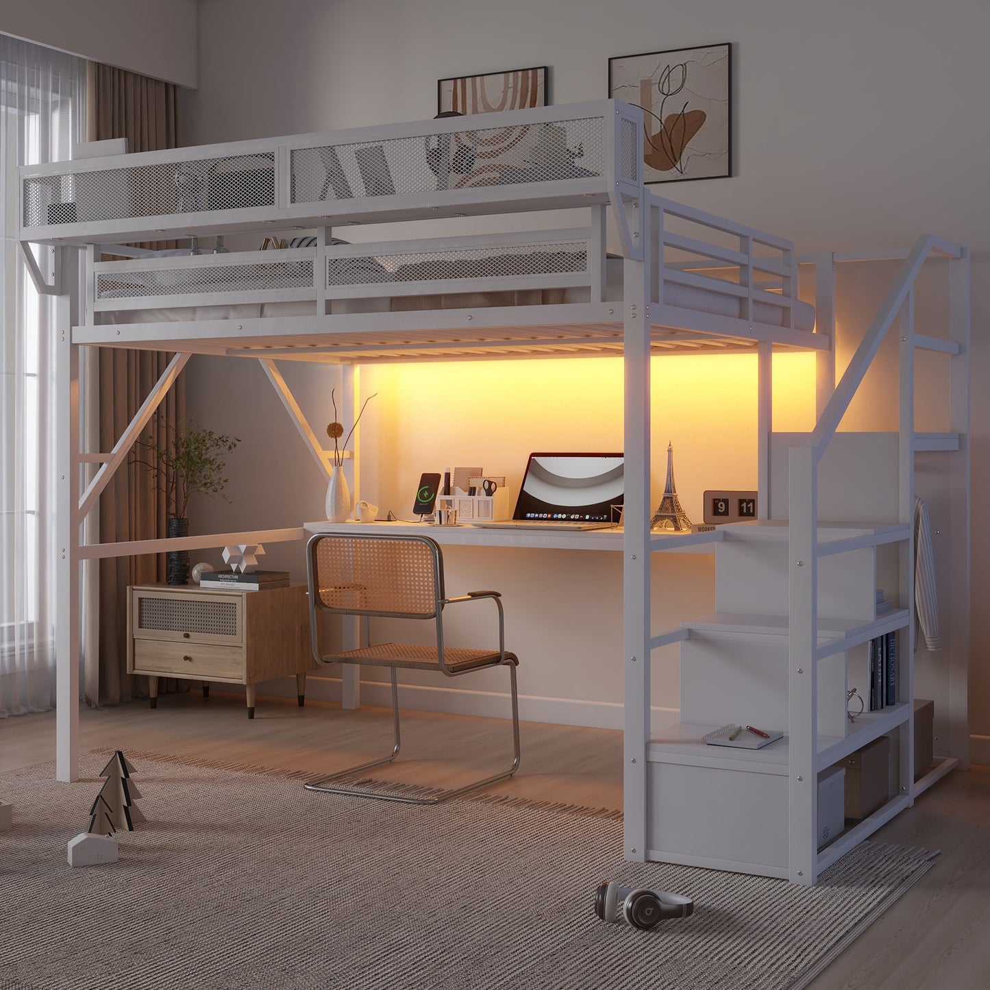 Mirightone™  Loft Bed with Desk and Charging Station, Metal Loft Bed with Stairs and Light for Kids Teens