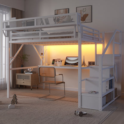 Mirightone™  Loft Bed with Desk and Charging Station, Metal Loft Bed with Stairs and Light for Kids Teens