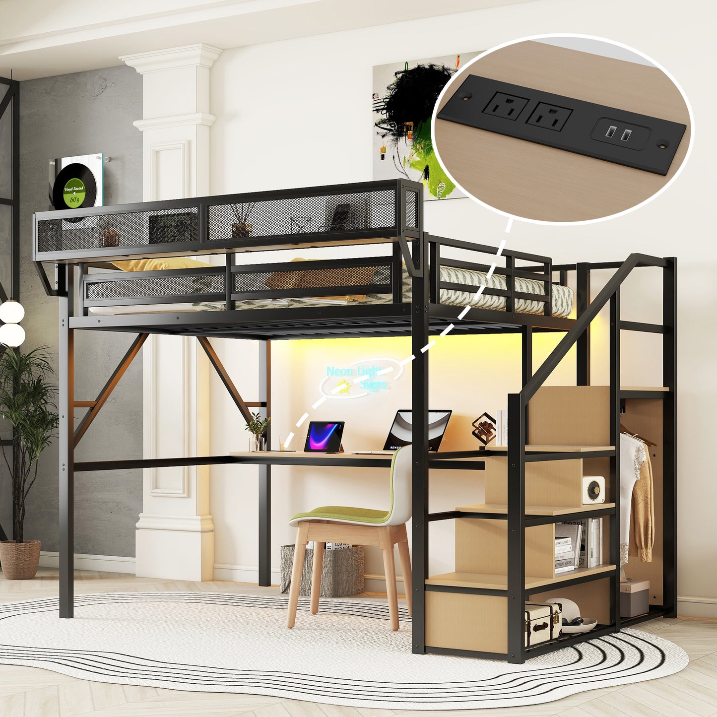 Mirightone™  Loft Bed with Desk and Charging Station, Metal Loft Bed with Stairs and Light for Kids Teens