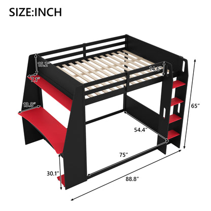 Mirightone™ Wood Bunk Bed with Gaming Desk and Storage Shelf, Gaming Bunk Bed with LED Light & Charging for Gamer Adults