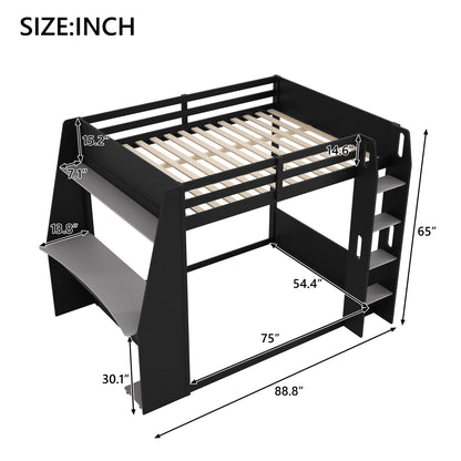 Mirightone™ Wood Bunk Bed with Gaming Desk and Storage Shelf, Gaming Bunk Bed with LED Light & Charging for Gamer Adults