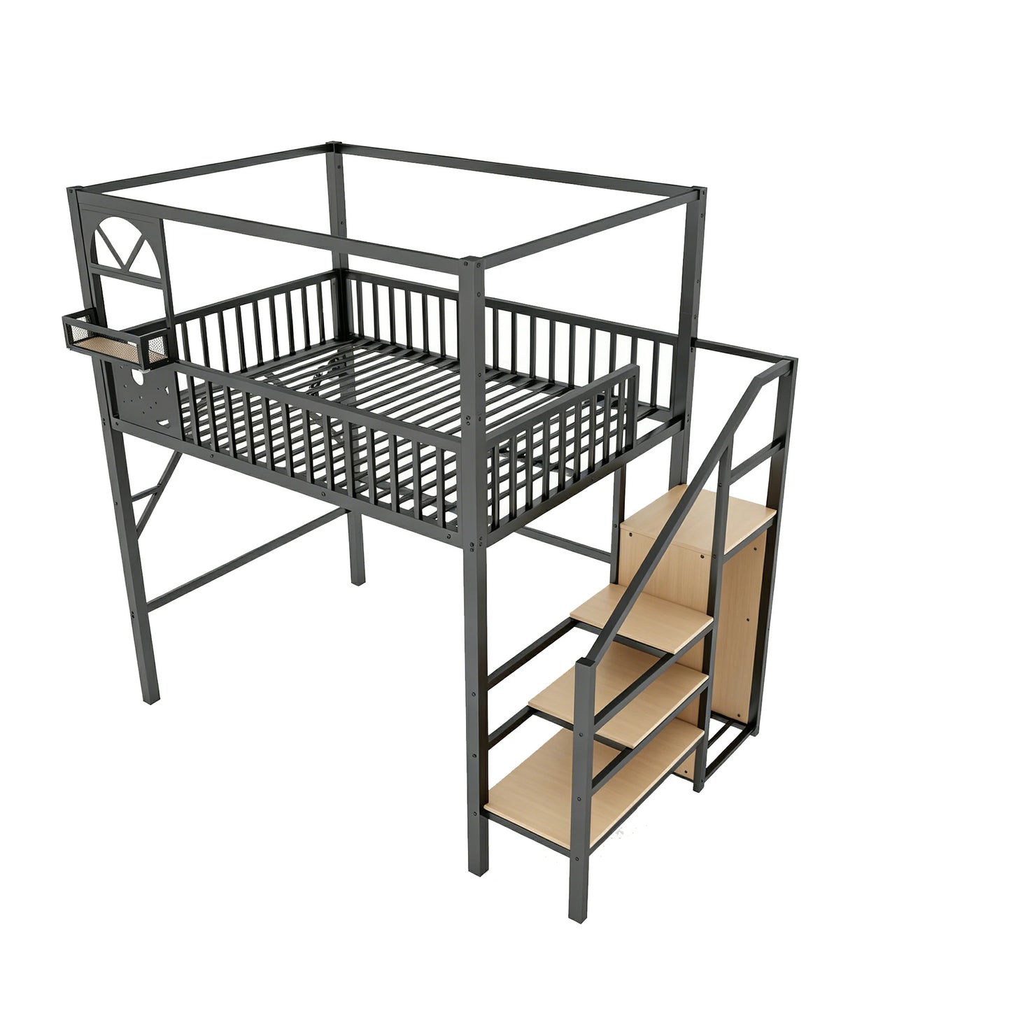 Mirightone™ Full Loft Bed with Storage Stairs and Light ,Metal Loft Bed with Canopy Frame and Window Design,High Loft Bed with Wardrobe for Kids Teens, Black(Expect Arrival Date 2026/6/23)(Patented products)