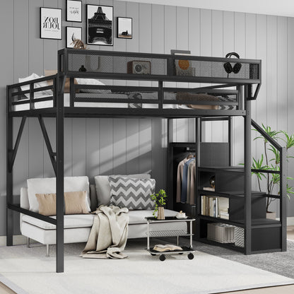 Queen Size Loft Bed with Stairs, Metal Queen Loft Bed with Storage Shelves, High Loft Bed with Wardrobe for Kids Teens Adults, Black