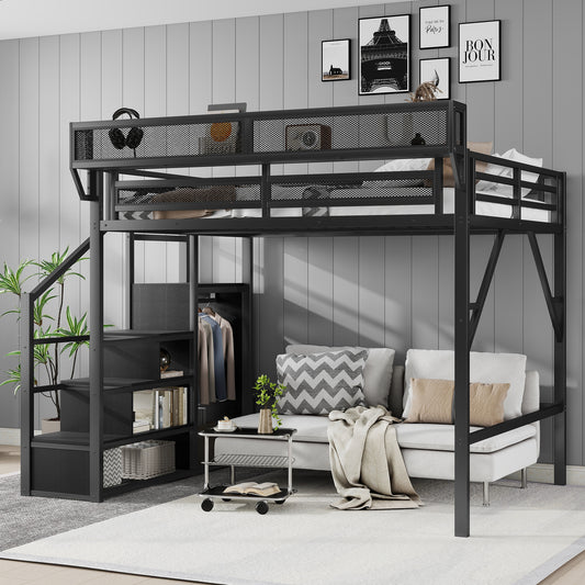 Queen Size Loft Bed with Stairs, Metal Queen Loft Bed with Storage Shelves, High Loft Bed with Wardrobe for Kids Teens Adults, Black