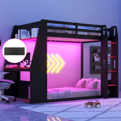 Mirightone™ Wood Bunk Bed with Gaming Desk and Storage Shelf, Gaming Bunk Bed with LED Light & Charging for Gamer Adults