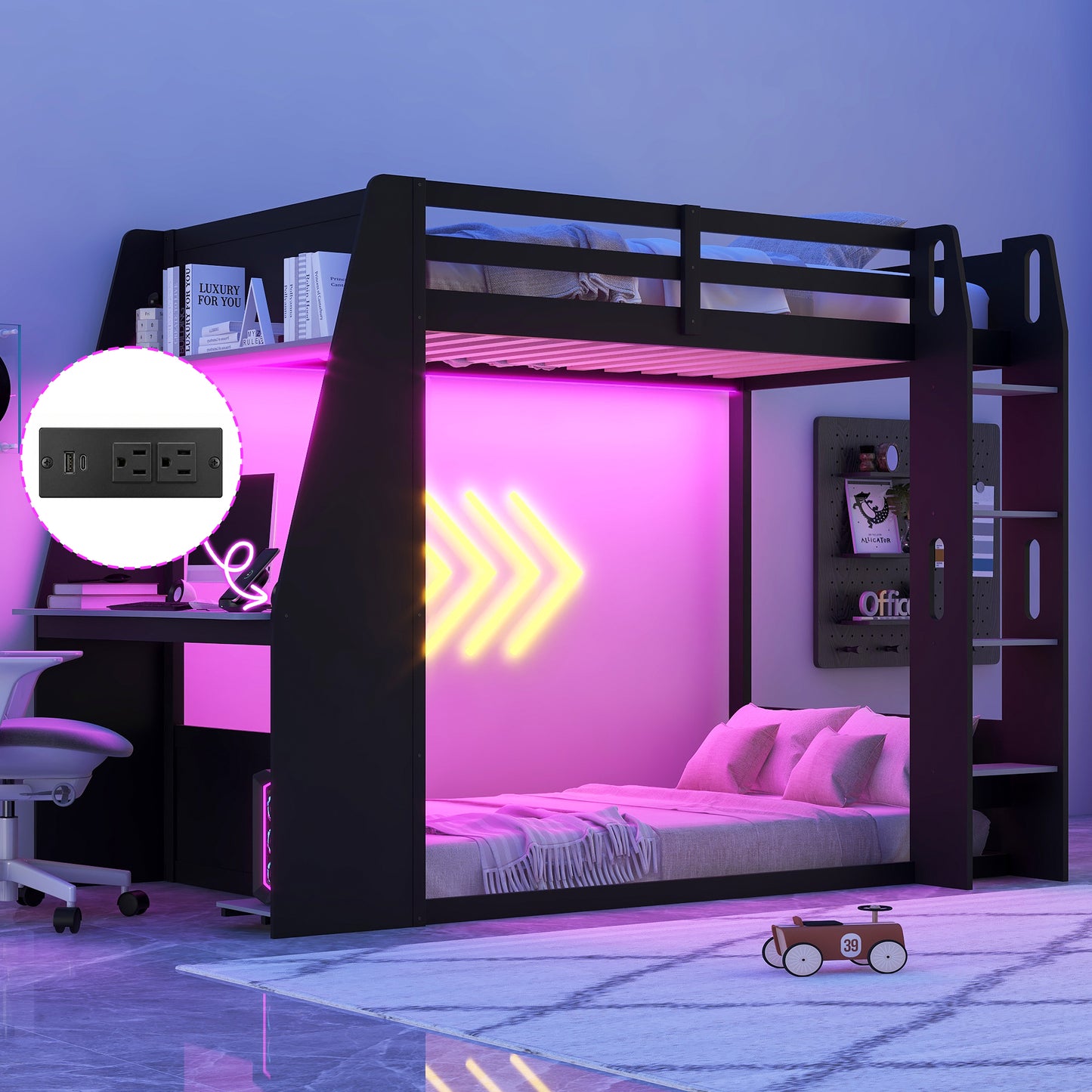 Mirightone™ Wood Bunk Bed with Gaming Desk and Storage Shelf, Gaming Bunk Bed with LED Light & Charging for Gamer Adults