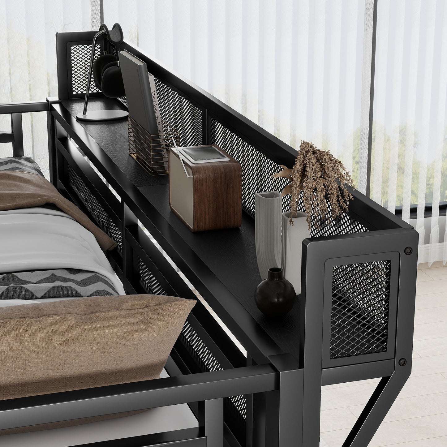 Queen Size Loft Bed with Stairs, Metal Queen Loft Bed with Storage Shelves, High Loft Bed with Wardrobe for Kids Teens Adults, Black