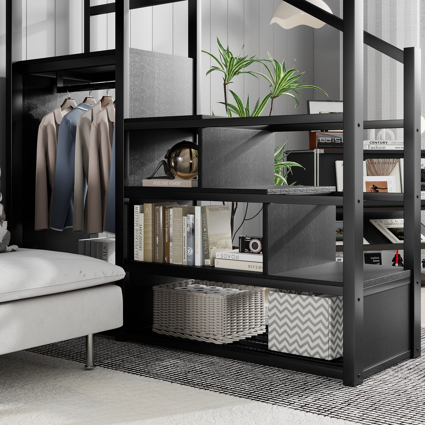 Queen Size Loft Bed with Stairs, Metal Queen Loft Bed with Storage Shelves, High Loft Bed with Wardrobe for Kids Teens Adults, Black