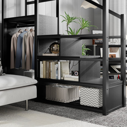 Queen Size Loft Bed with Stairs, Metal Queen Loft Bed with Storage Shelves, High Loft Bed with Wardrobe for Kids Teens Adults, Black