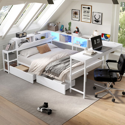 Mirightone™ Daybed with Desk and Storage, Corner Bed Frame with LED Light & Charging Station for Adults Teens Kids, White
