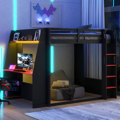 Mirightone™ Wood Bunk Bed with Gaming Desk and Storage Shelf, Gaming Bunk Bed with LED Light & Charging for Gamer Adults