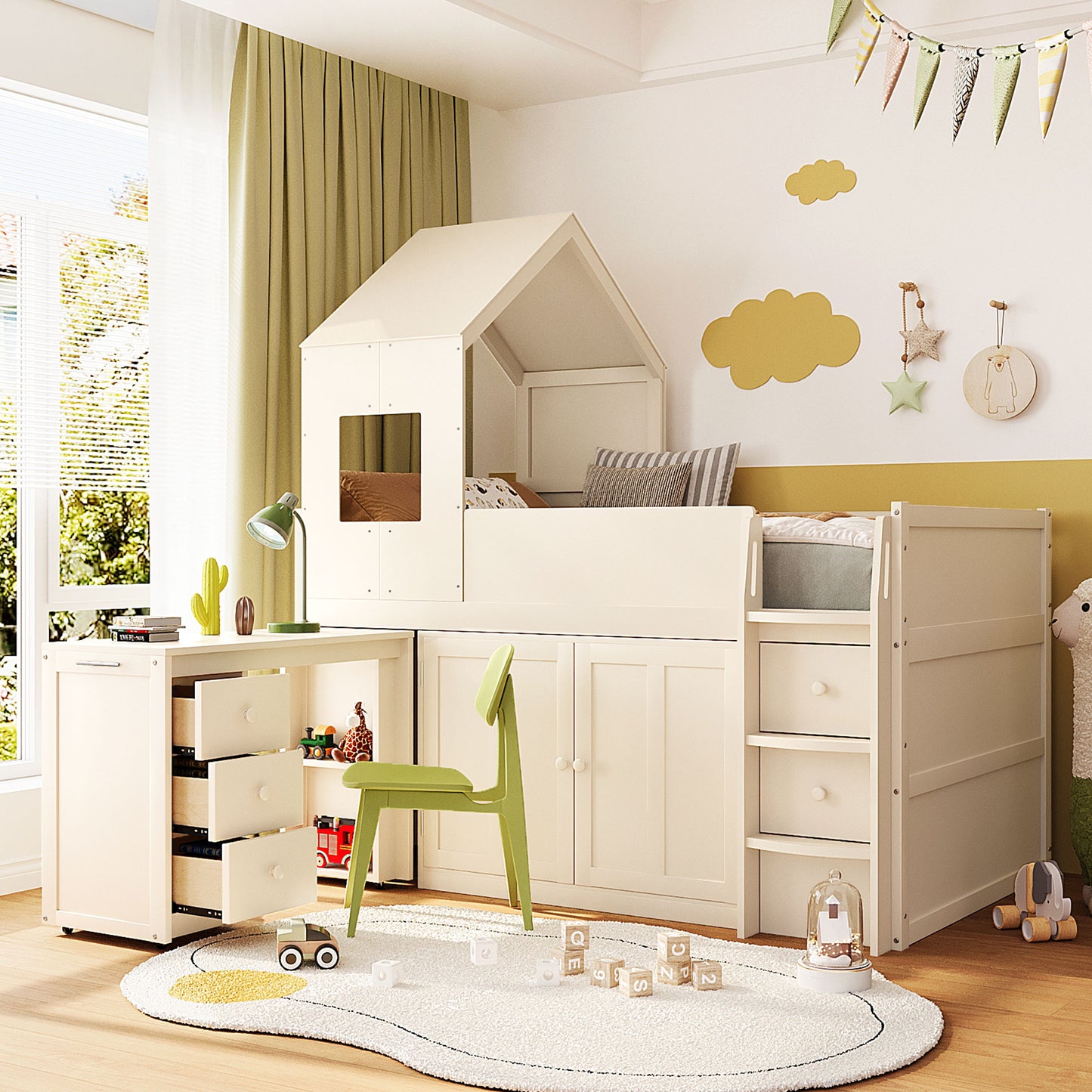 Mirightone™ Twin Size Low Loft Bed with Desk and Storage Cabinets White