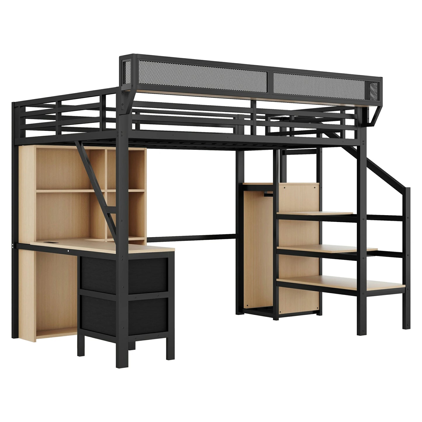Mirightone™ Full Size Loft Bed with Desk and Charging Station ,7 Open Storage Spaces and LED Lighting ,Designed for Children and Teens,Black