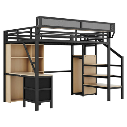 Mirightone™ Full Size Loft Bed with Desk and Charging Station ,7 Open Storage Spaces and LED Lighting ,Designed for Children and Teens,Black