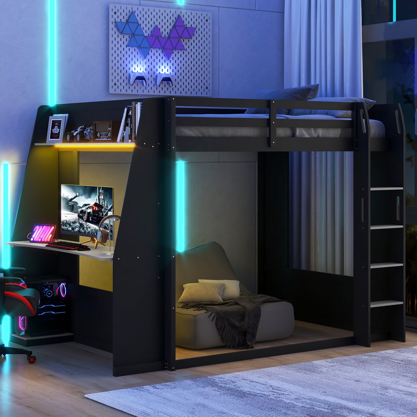 Mirightone™ Wood Bunk Bed with Gaming Desk and Storage Shelf, Gaming Bunk Bed with LED Light & Charging for Gamer Adults
